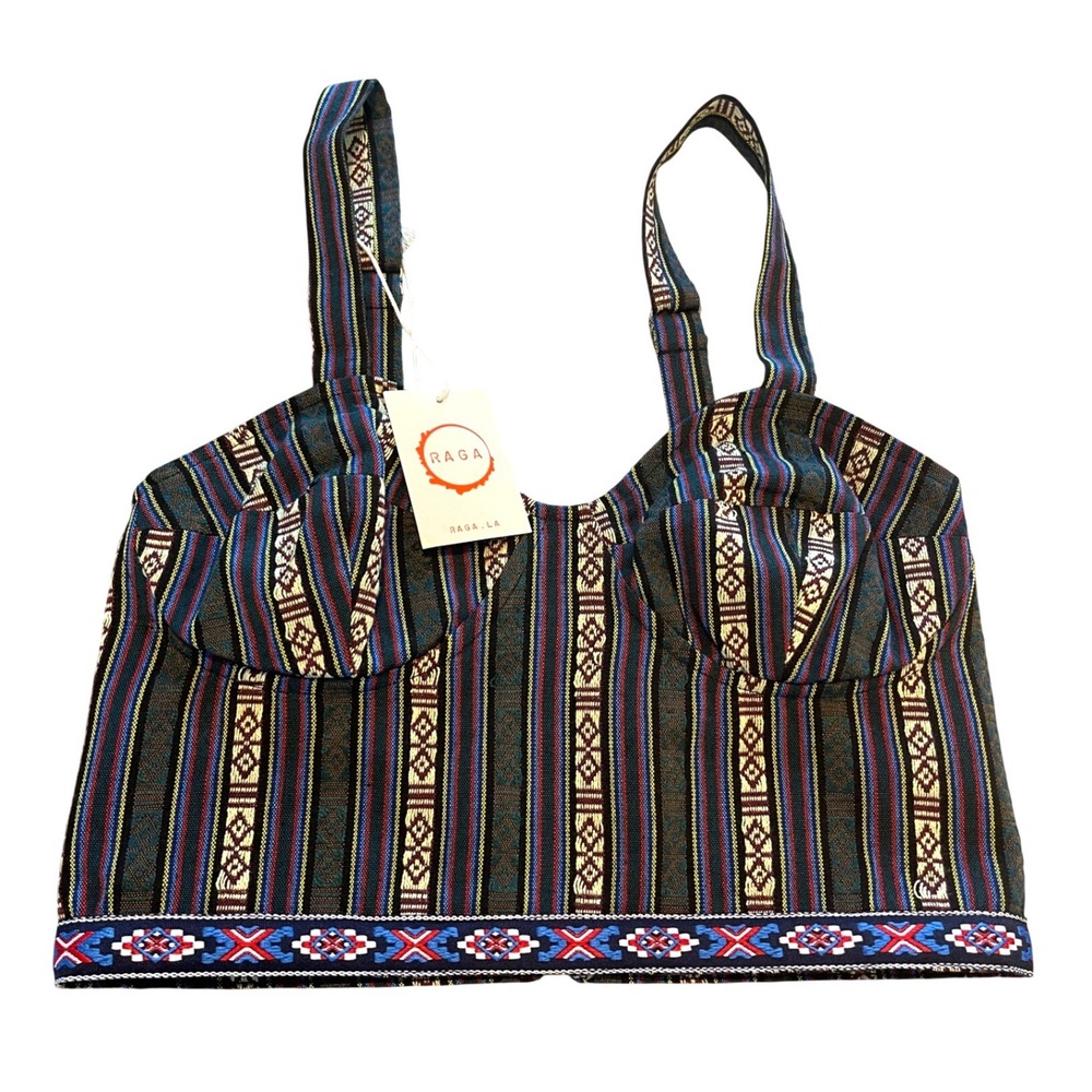 Raga Bustier Crop Top Womens Small Green Multi Boho Festival Woven Tapestry - Picture 2 of 6